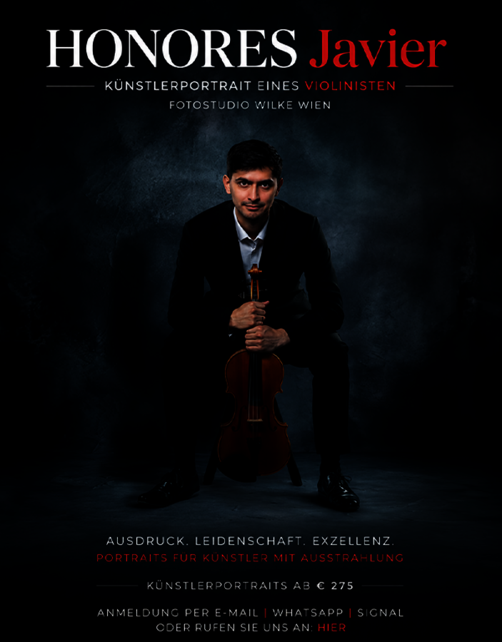HONORES Javier in dramatischem Künstlerportrait im Studio WILKE in Wien – ausdrucksstarker Violinist mit internationaler Superstar-Ausstrahlung, inszeniert wie ein moderner Klassik-Star