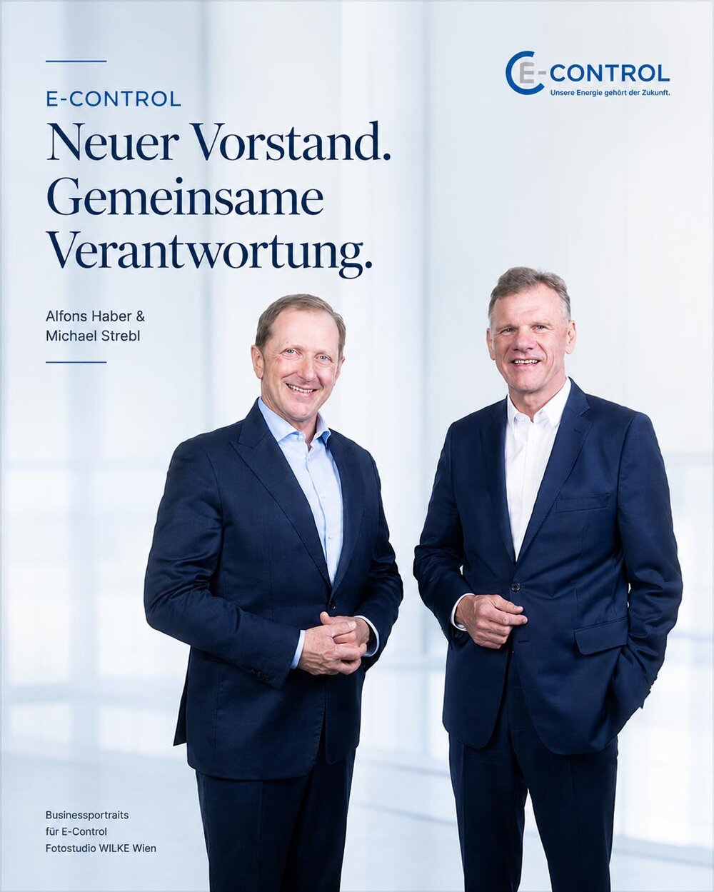 Businessportrait des neuen E-Control Vorstands Alfons Haber und Michael Strebl – moderne Leadership- und Unternehmensportraits mit klarer Editorial-Ästhetik fotografiert im Fotostudio WILKE Wien