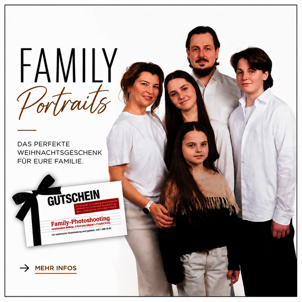 Familienportraits zu Weihnachten – professionelles Familien-Fotoshooting im Fotostudio WILKE Wien, auch als Geschenkgutschein erhältlich