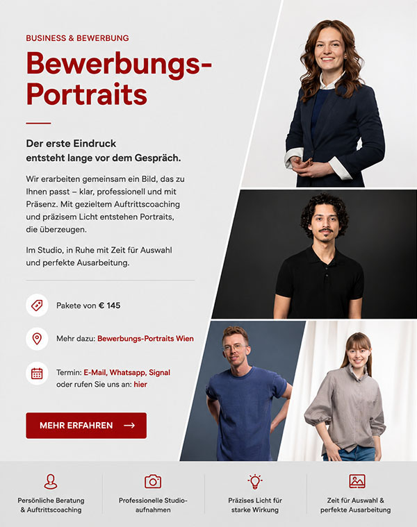 Moderne Bewerbungsportrait-Collage mit vier unterschiedlichen Persönlichkeiten und klarer Editorial-Gestaltung – professionelle Business- und Karriereportraits im Fotostudio WILKE Wien