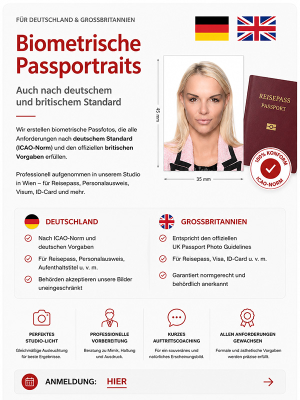 Informationsgrafik für biometrische Passportraits nach deutschem und britischem Standard mit Beispielbild im offiziellen 35x45-mm-Format – professionelle Passbildfotografie im Fotostudio WILKE Wien