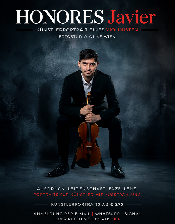 HONORES Javier in dramatischem Künstlerportrait im Studio WILKE in Wien – ausdrucksstarker Violinist mit internationaler Superstar-Ausstrahlung, inszeniert wie ein moderner Klassik-Star
