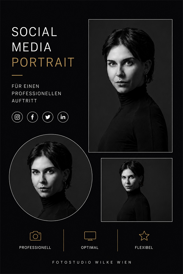 Moderne Social Media Portrait Collage in dunkler Editorial-Ästhetik mit unterschiedlichen Bildformaten und rundem LinkedIn-Profilbild – professionelle Portraitfotografie für Social Media und Personal Branding im Fotostudio WILKE Wien